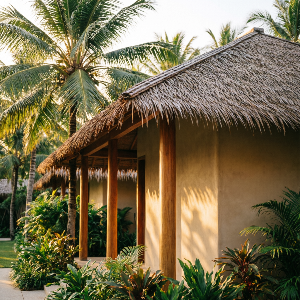 Palapa principal del hotel entre palmeras
