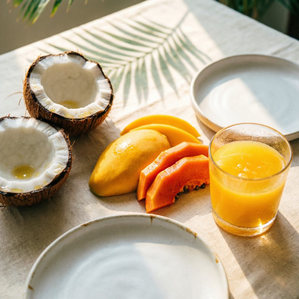 Desayuno tropical con mango, papaya y coco