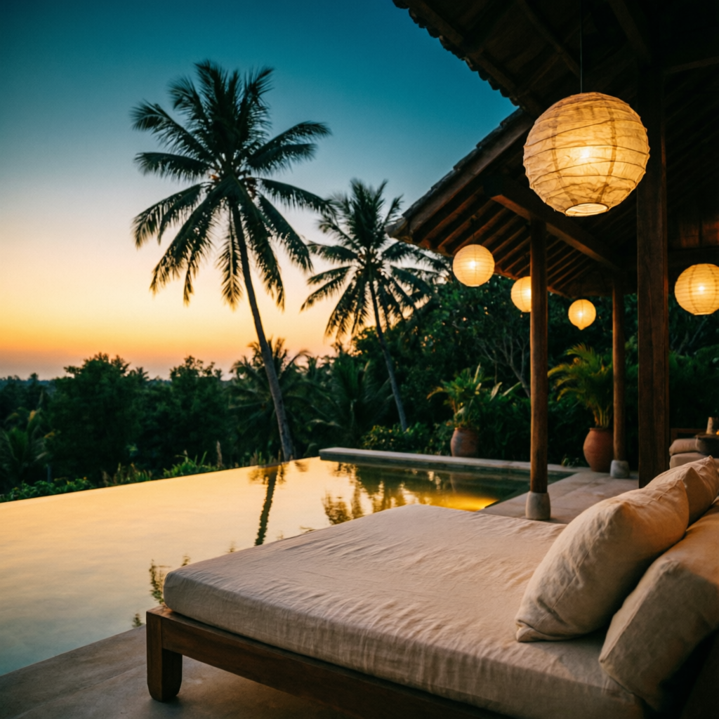 Villa Coral al atardecer con alberca privada y faroles
